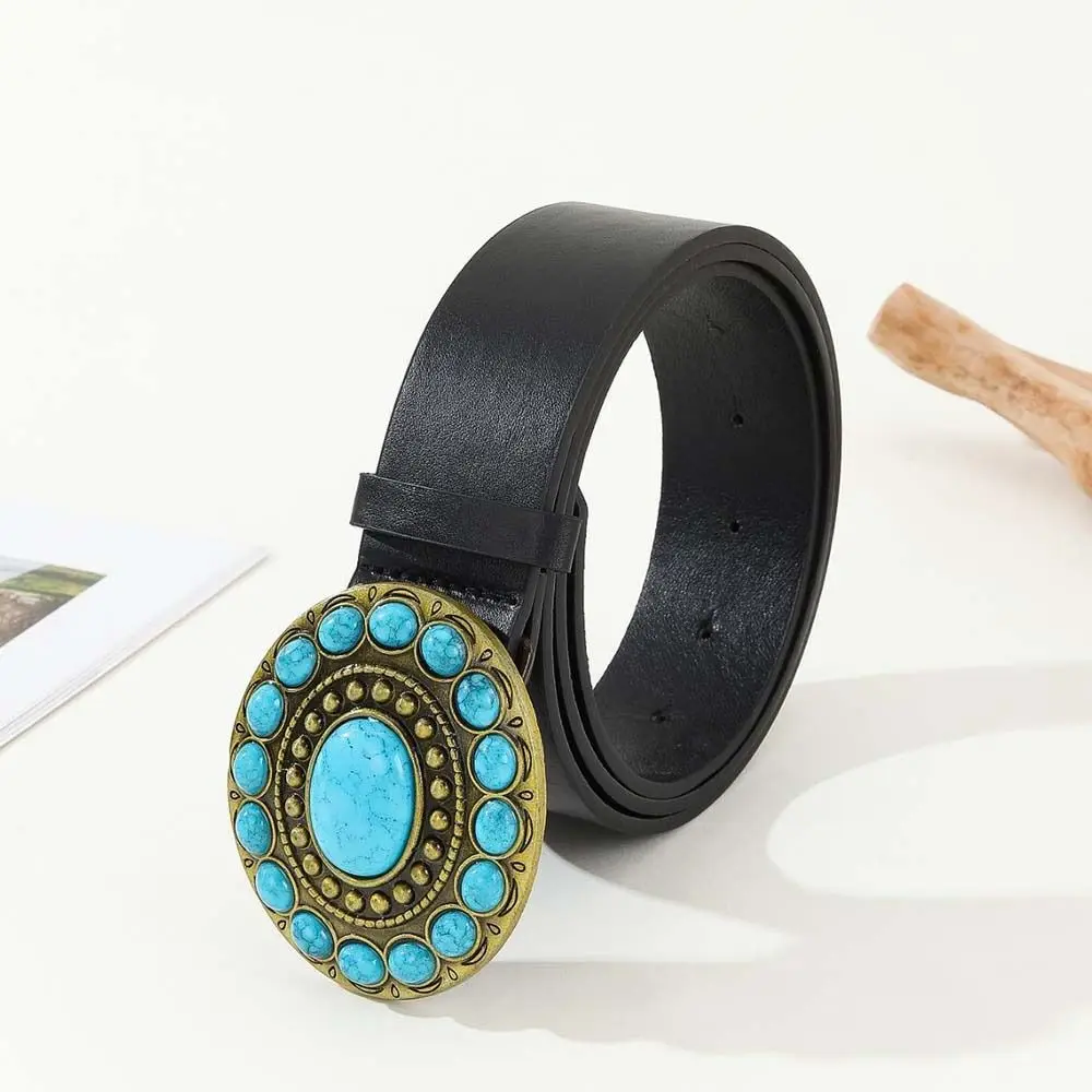 Metal Buckle PU Leather Belt Ethnic style Blue Stone Korean Style Waistband All-match Beaded Wide Side Waist Belt Ladies/Girls