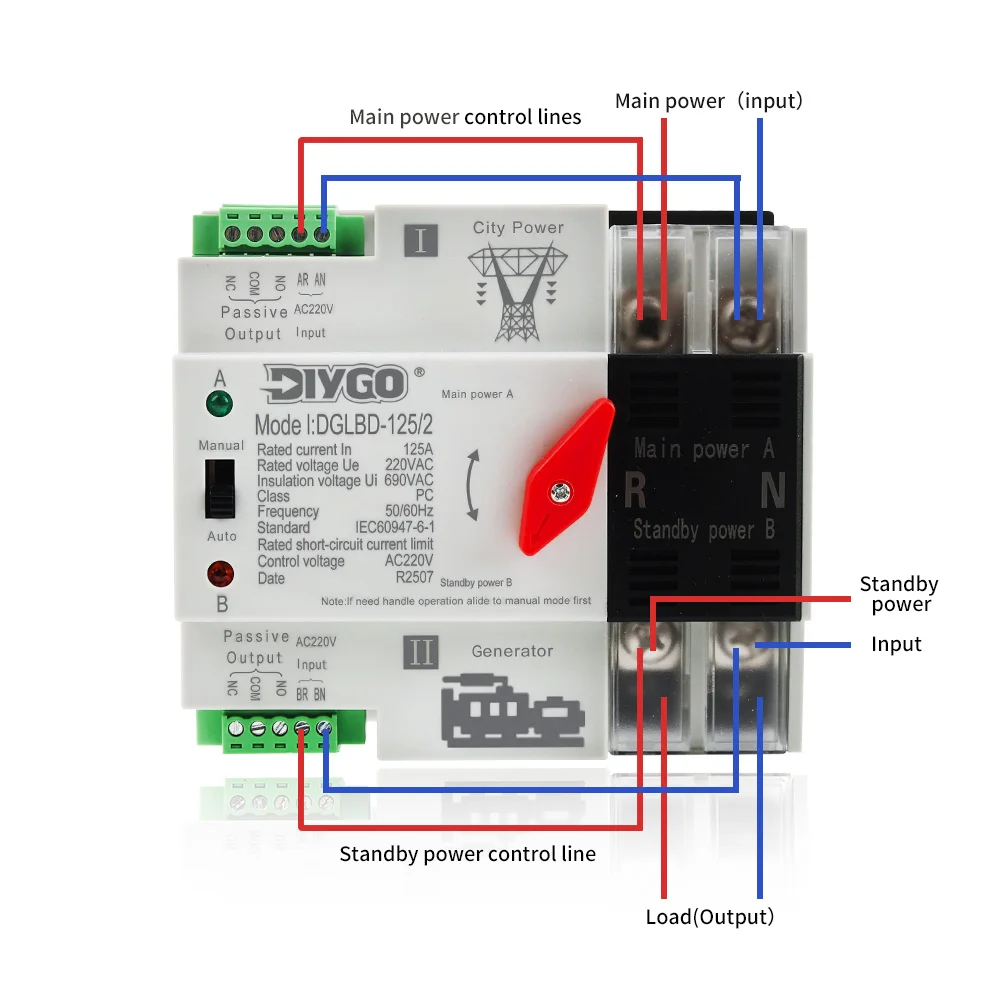 Din Rail Mini 2P 4P ATS Dual Power Automatic Transfer Switch 125A Electrical Selector Switches Uninterrupted Power Generator