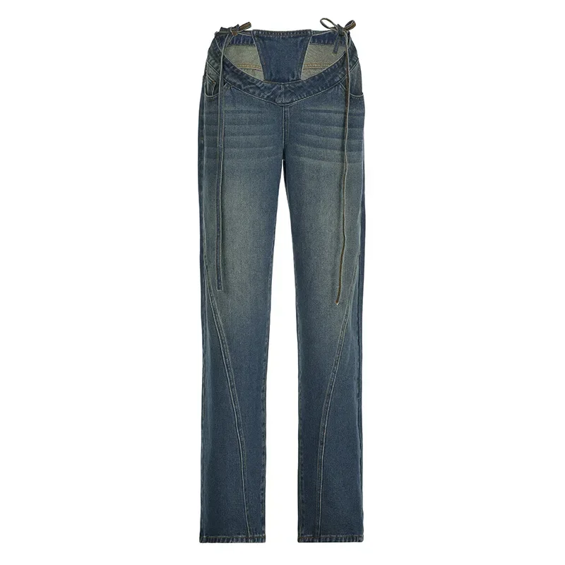 Spring New Women's High Waist V-Strap Design Loose Straight Leg Jeans American Sexy Jeans Streetwear Kpop Y2k Clothes
