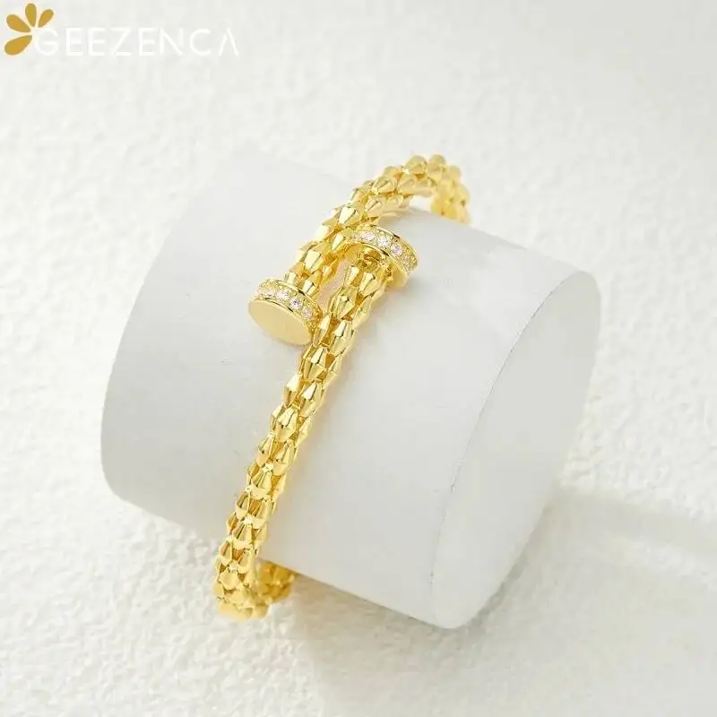 GEEZENCA Luxury 925 Silver Gold Plated Bangle Hollow Interlinked Diamond Chain Rivet Head Cubic Zirconia Cuff Bracelet