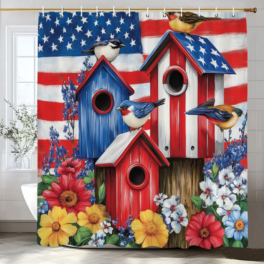 

1 шт. Декоративная шторка для душа в американском стиле кантри с изображением садовых цветов и птиц, с крючками.