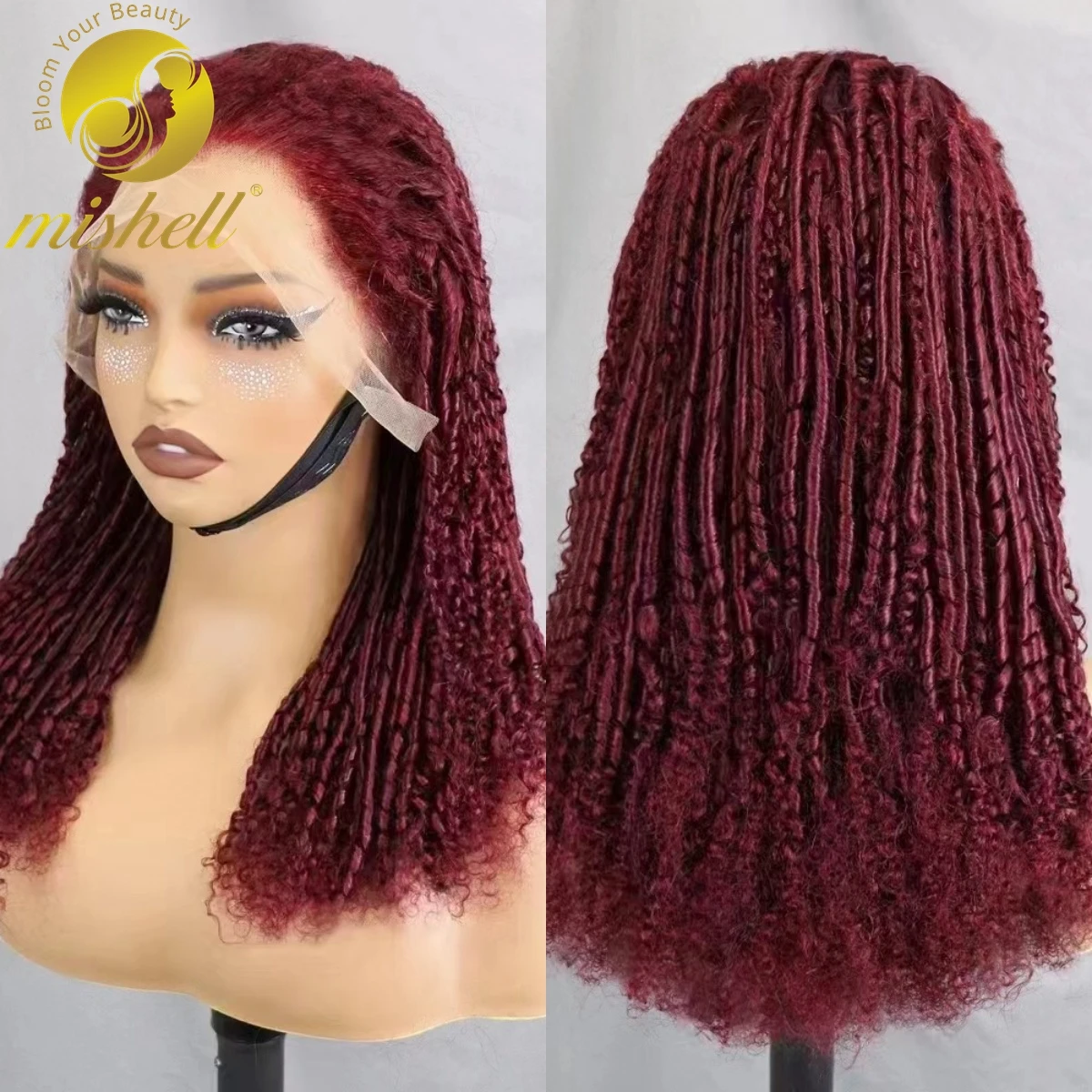 Perruque Lace Wig sans colle naturelle, cheveux humains, bordeaux 99J #, 18 pouces, 13x4, petites baguettes roulées, avec baby hair, densité 250%, pour femmes