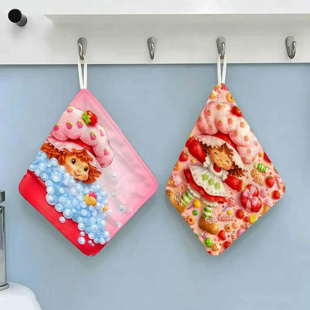 Cute S-Strawberry S-Shortcake-Girl Hanging Kitchen Towel, Polyester Cotton Material, Wear Resistant Hand Wiping Towel for Home