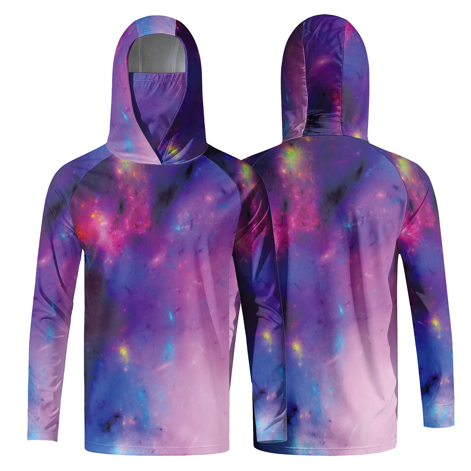 Men Hooded Fishing Shirt With Face Cover Blue‑Purple Tie‑Dye Print UPF50+ Sun Protection Quick‑Dry Outdoor Sports Tops