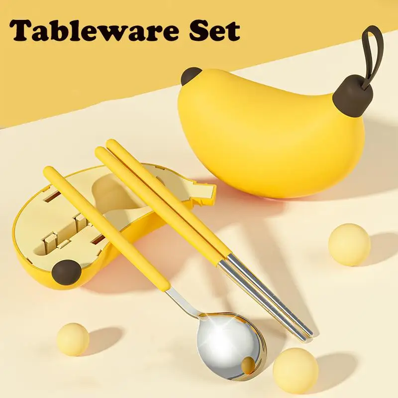 

304 Stainless Steel Chopsticks Spoon Kit Portable Folding Tableware Set Cute Banana Storage Box For Travel Office Students Gift