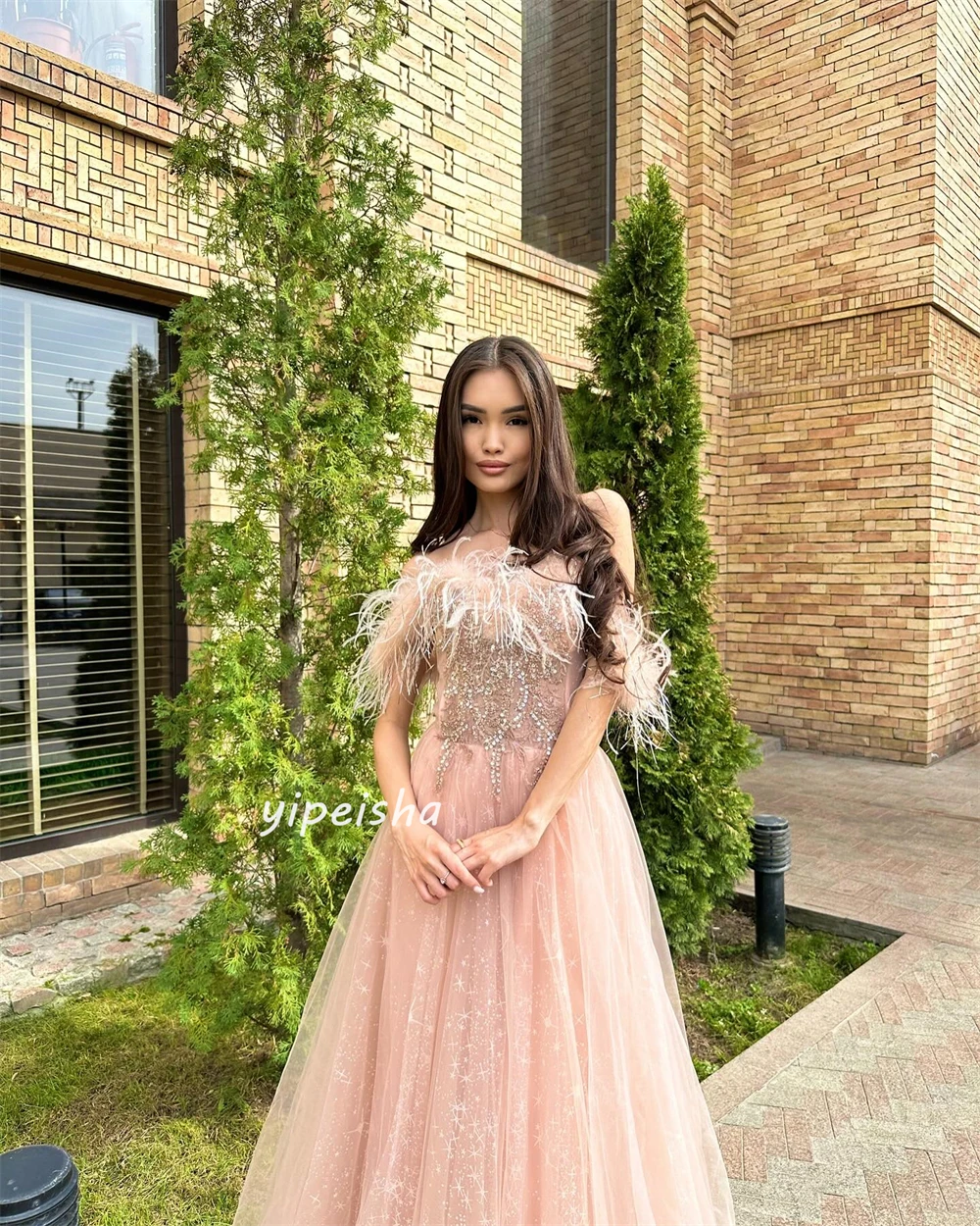 Customized Evening Organza Feather Draped Pleat Clubbing A-line Off-the-shoulder Bespoke Occasion Gown Long Dresses  Sexy Casual