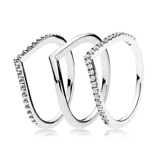 

925 Sterling Silver Wish Bone pan Ring Set With Crystal Stack Rings For Women Wedding Party Gift Fashion Jewelry