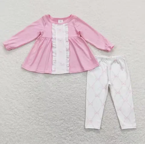 

Pink Baby Girl Set Long Sleeves Floral Ruffle Tunic Dots Pink Pants Children Kids Two Pieces Toddler Outfit Clothing
