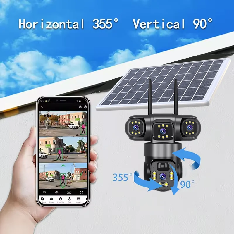 جديد Suniseepro App واي فاي ثلاثة عدسة ثلاثة شاشة كاميرا البطارية الشمسية 2MP * 3 عدسة ثلاثية كاميرا PTZ للأمن في الهواء الطلق