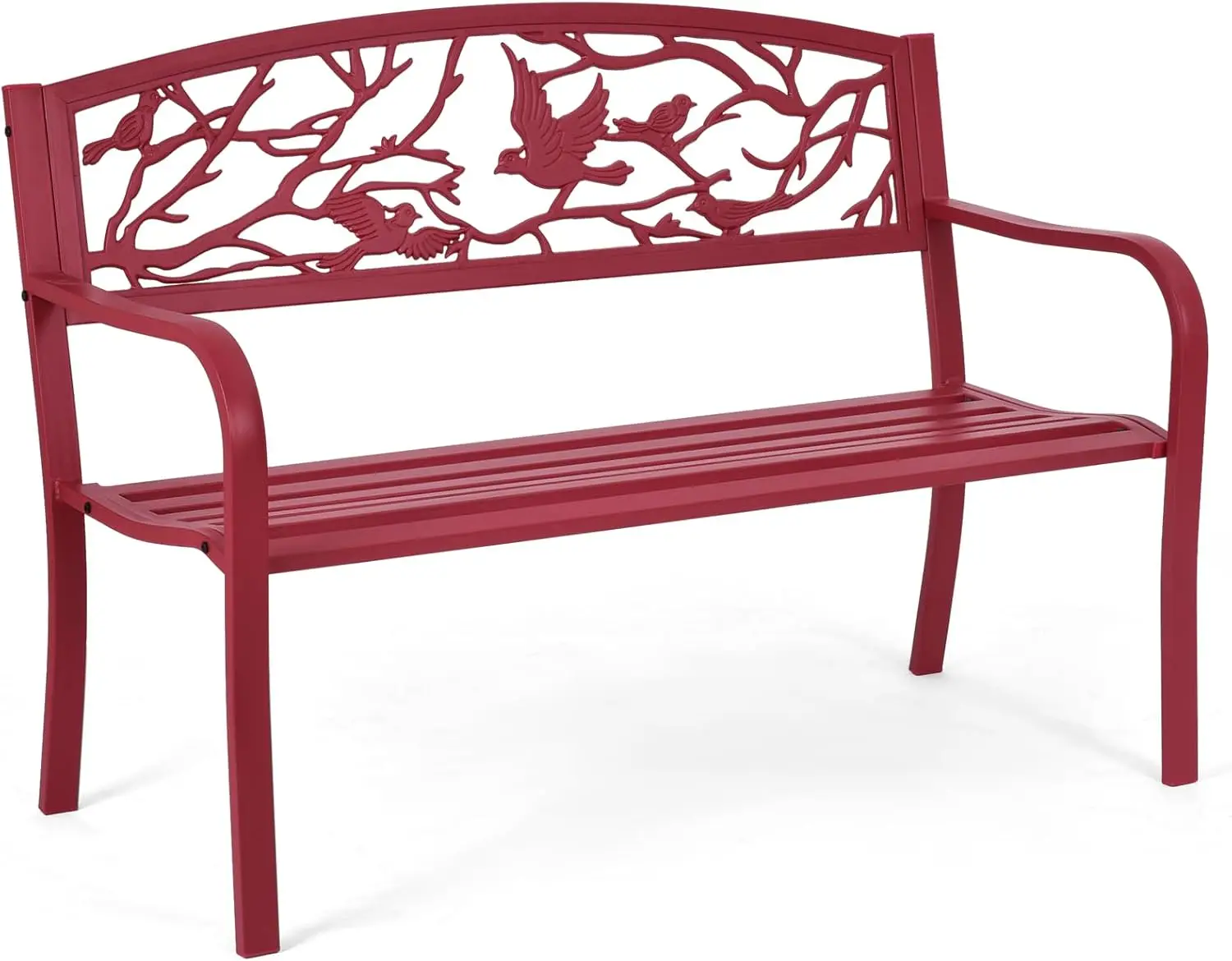 

Outdoor Garden Bench with Cast Iron Backrest & Ergonomic Armrest, Heavy-Duty Steel Frame, Red Bird Pattern, for Patio, Yard