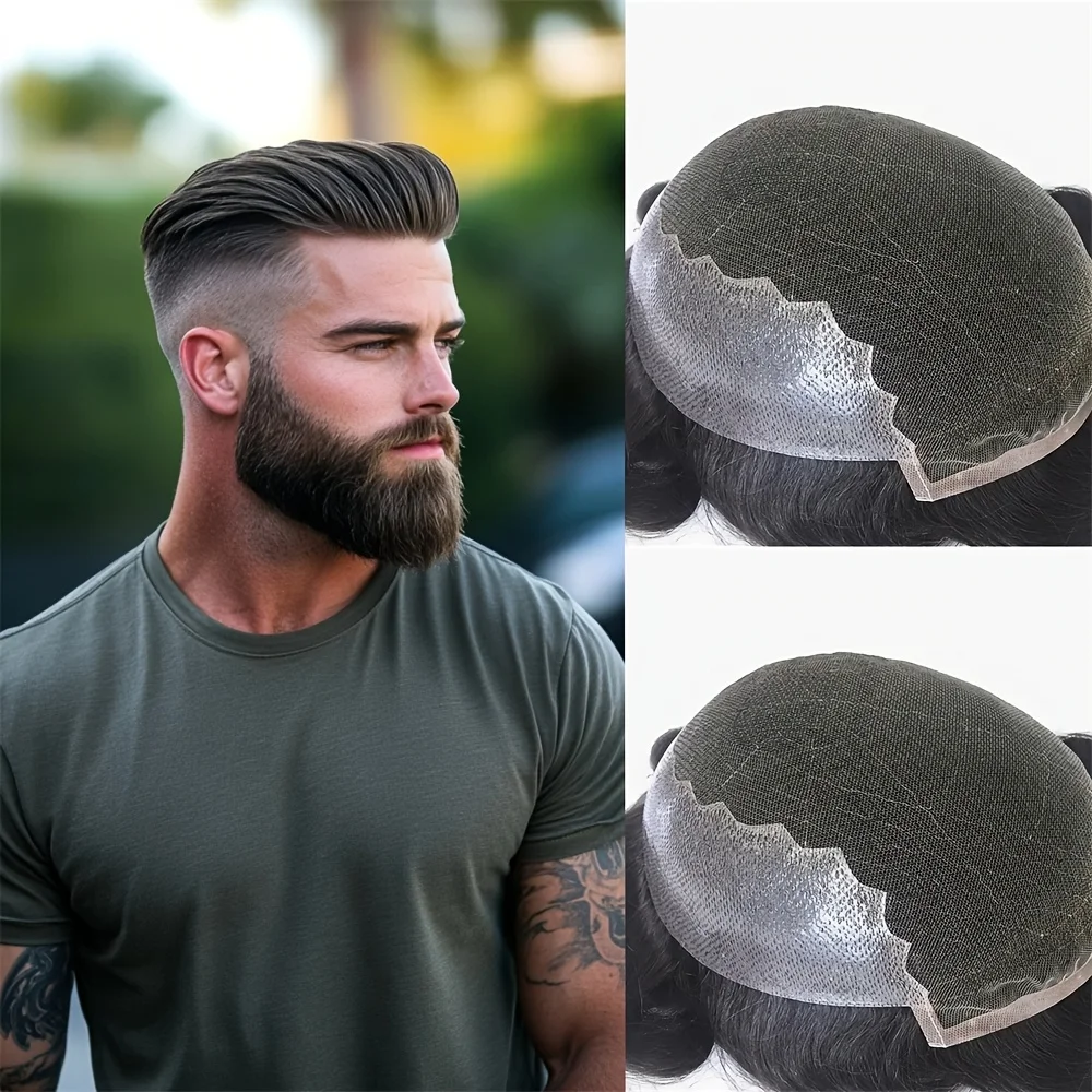 غير مرئية Q6 تنفس السويسري الدانتيل قاعدة الرجال الشعر المستعار شعري طبيعي باروكة من شعر طبيعي 7x9 تنفس السويسري الدانتيل الشعر المستعار للذكور #1