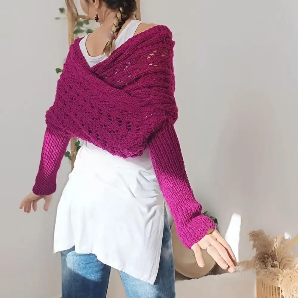 Solid Color Multifunctional Knitted Scarf Cable with Sleeves Sweater Shawl Wrap Clothing Accessories Knitted Cable Wrap