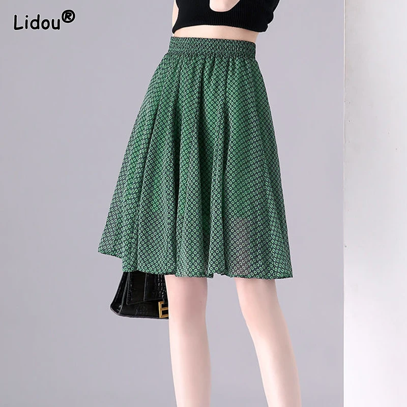 Women's Clothing 2023 New Fashion Elastic Waist Printing Korean Casual Dot Pattern Loose Elegant Summer Thin Knee Length Skirts