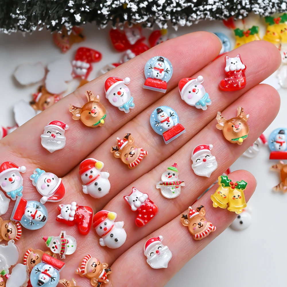36/50/60pcs Cartoon Christmas Nail Charms Santa Claus Snowman Elk Bell Rhinestone Nail Art Decoration Festival DIY Nail Supplies