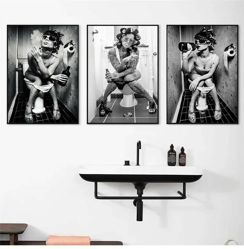 Photography WC Figure Art Photos Canvas Posters Crazy in Love Smoking Woman Toilet Mural Home Bathroom Canvas Print Art Painting