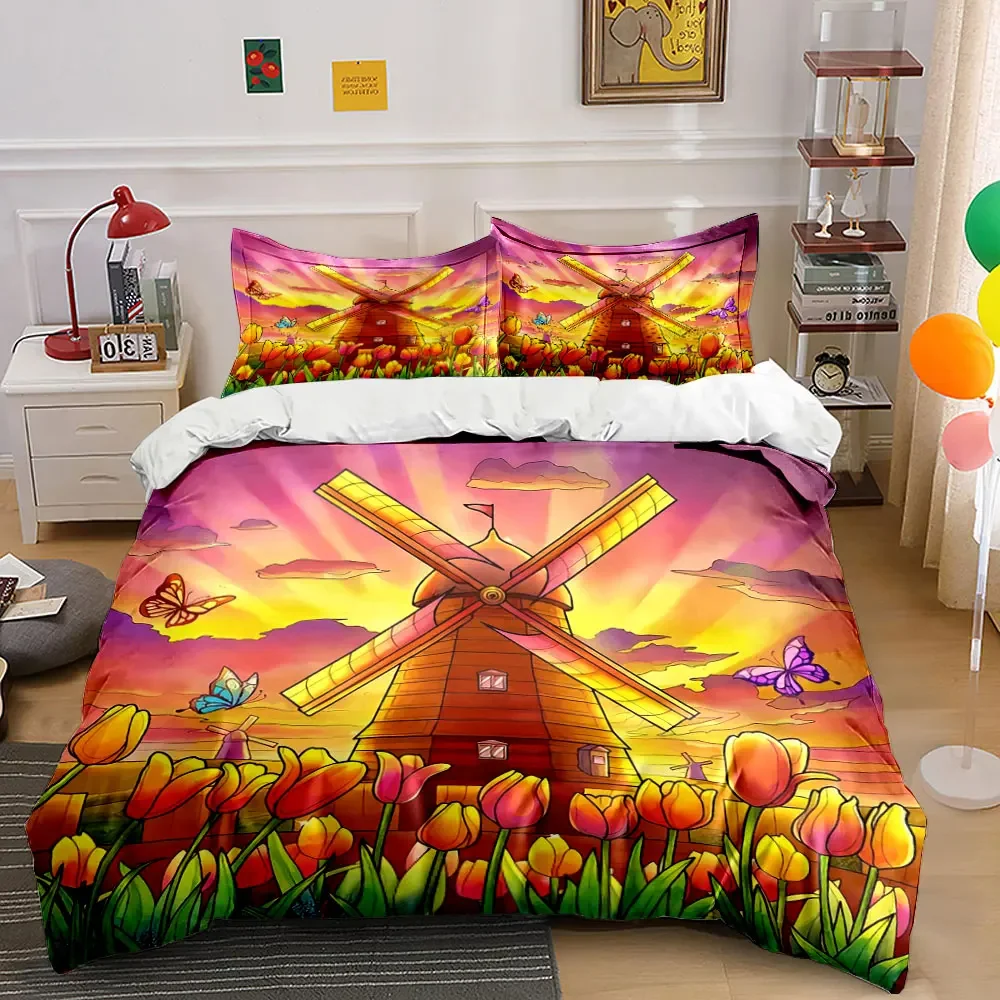 Windmill Tulips Sunset Decor Set Soft Comfortable Duvet Cover Bedding Set Included 1*Duvet Cover & 2*Pillowcases, gift