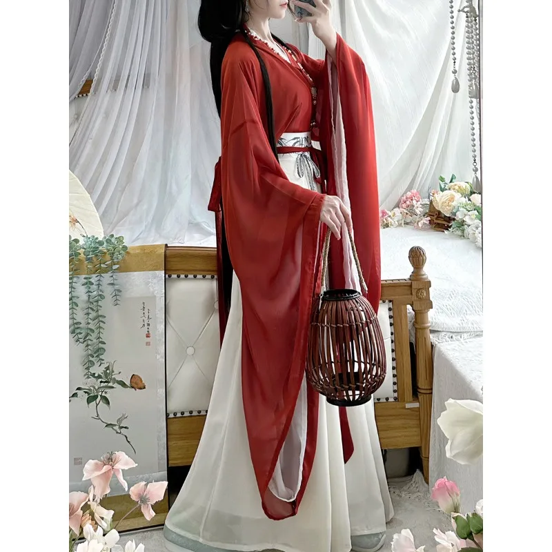 Ethereal Chinese Han Elements Outfit Cross Collar Big Sleeve Hanfu Set Spring Summer