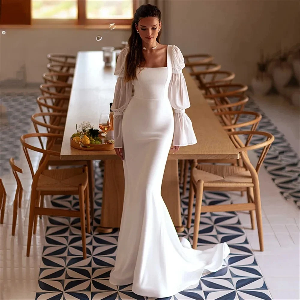 Customize To Measures Mermaid Wedding Dress Long Sleeve Square Collar Open Back Pleat Bridal Gowns Train Vestidos Vestidos De No