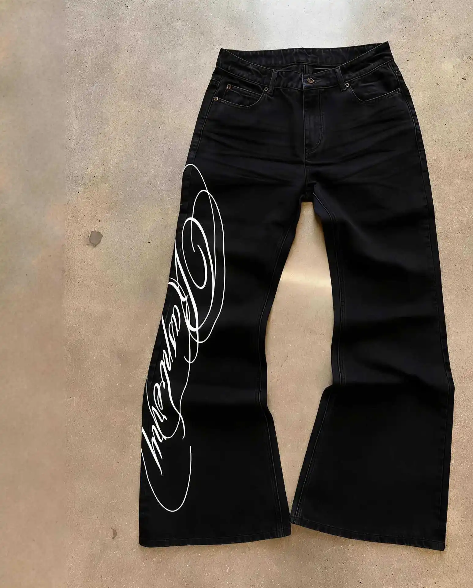 GG Blue Letter Graphic Print Jeans Women Harajuku Vintage Washed Wide Leg Straight Denim Trousers Baggy Hip Hop Streetwear