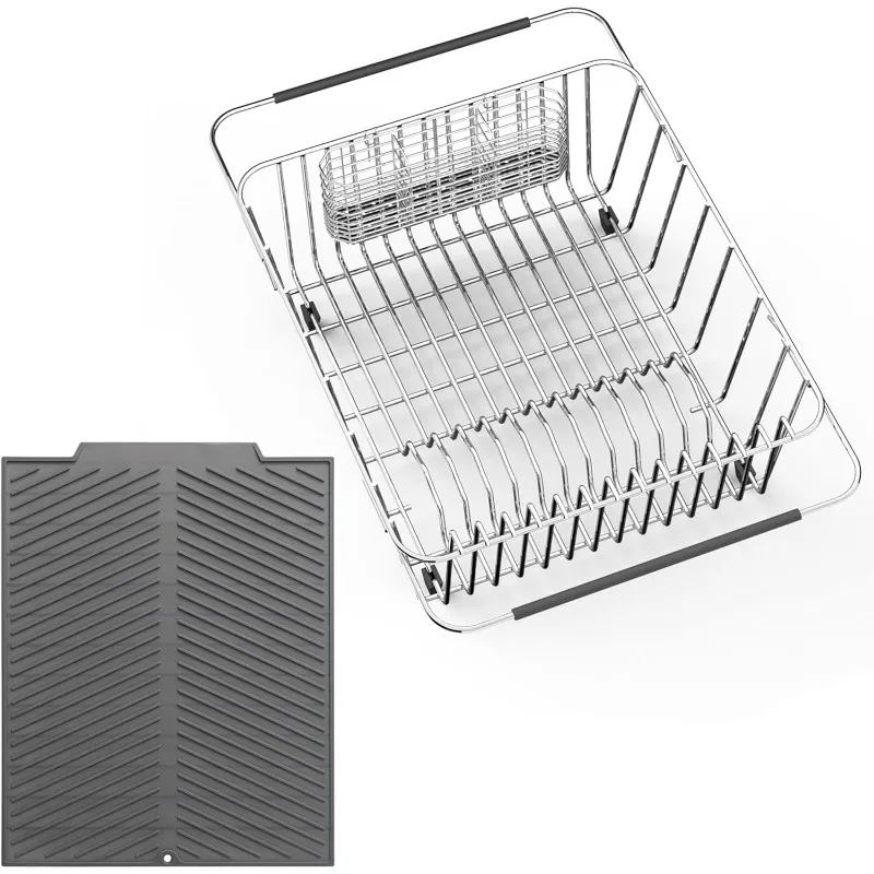 

Dish Rack in Sink, Expandable Over The Sink Dish Drying Rack with Utensil Holder and Silicone Drainage pad (Large + 16" Silicone