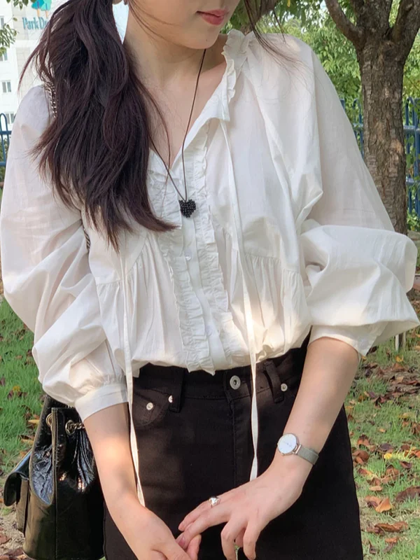 

Loose Fit White Long Sve V-Ne Women's irt Korean Sle Fairy-Like Gathered Bow Tie Spring Faion Top