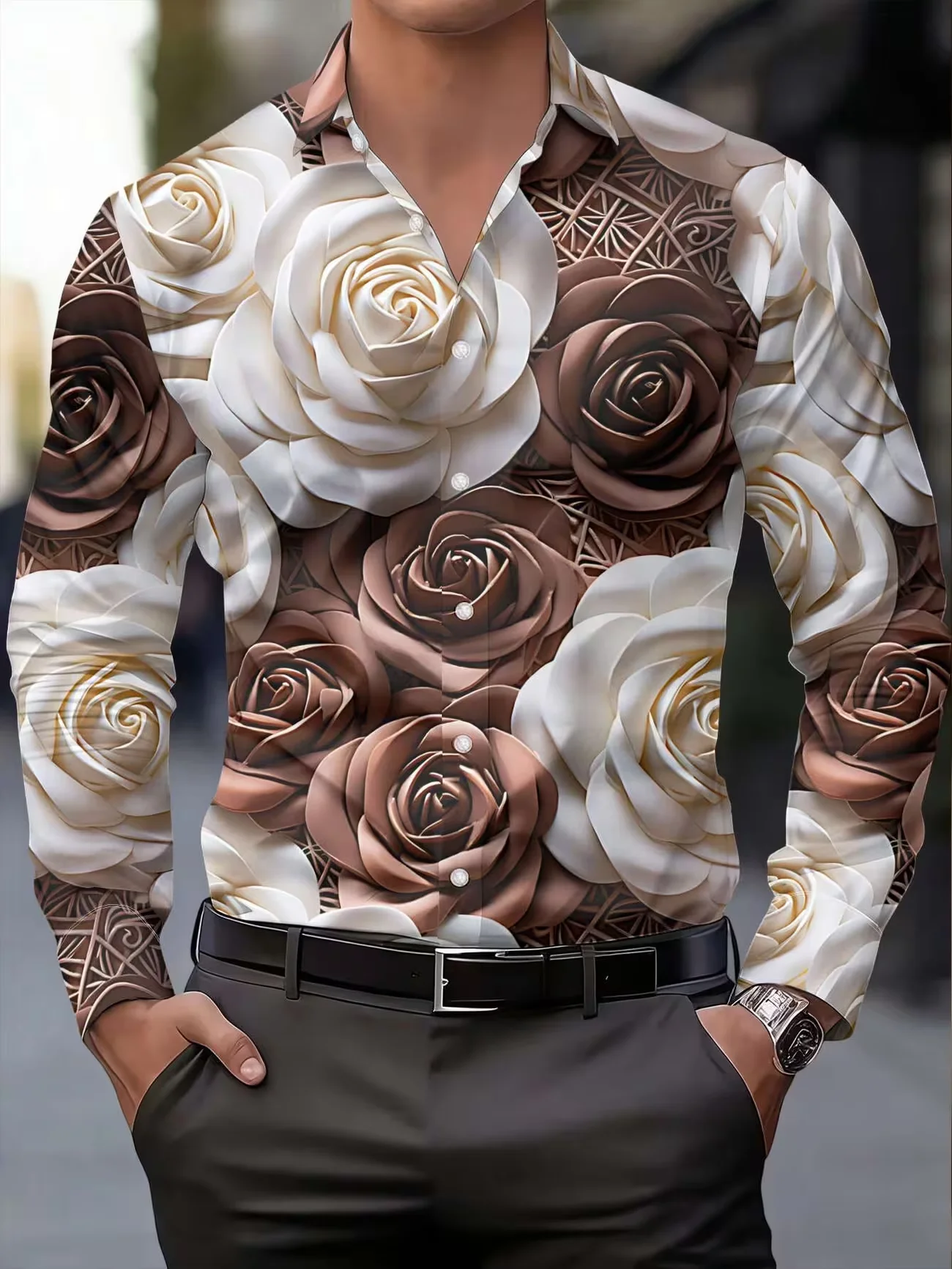 New white background dark green forest print men's long sleeved shirt artistic outdoor style casual shirt