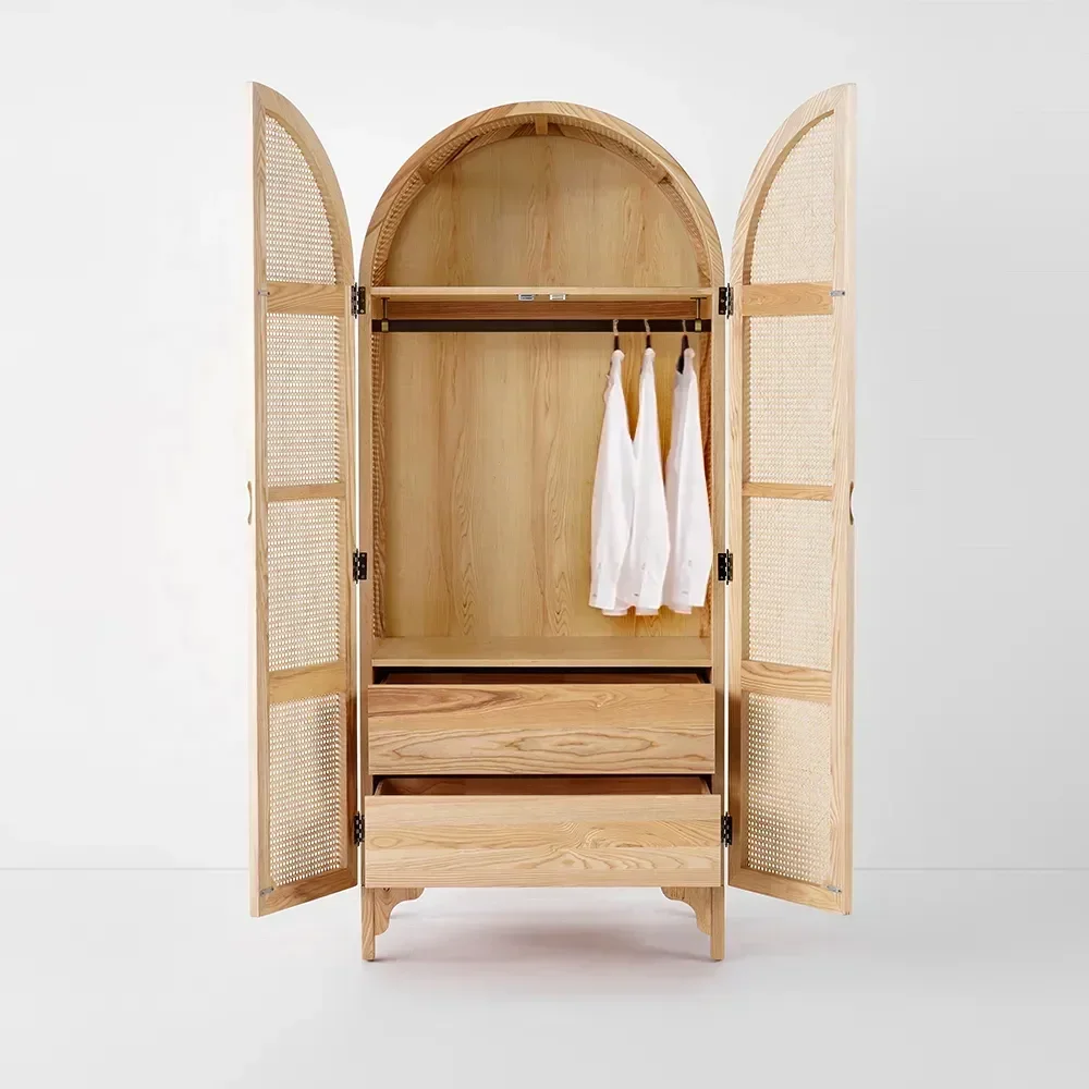 Custom Woven Rattan Wardrobe, Hidden 2-Door Wooden Closet for Bedroom