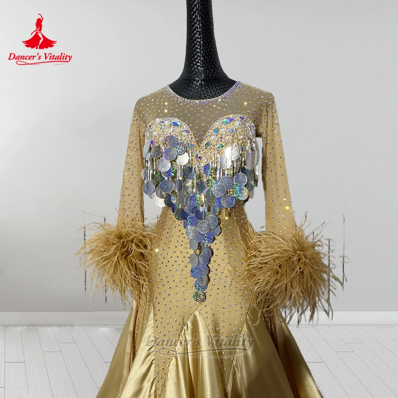 Adult Standard Social Dance Gold Feather Style Dresses Customized Women Waltz Perform and Competition Clothing Dancer's Vitality