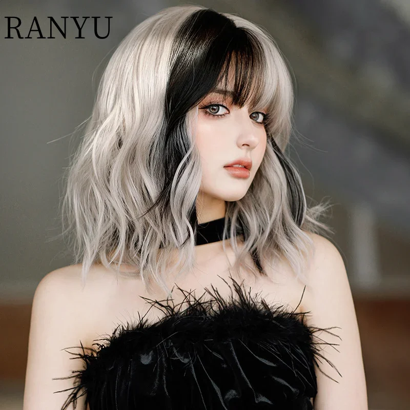 RANYU Silver Gray Powder Female Daily Role-Playing Synthetic Curly Wig Fluffy Bangs Heat-Resistant Lolita Wig