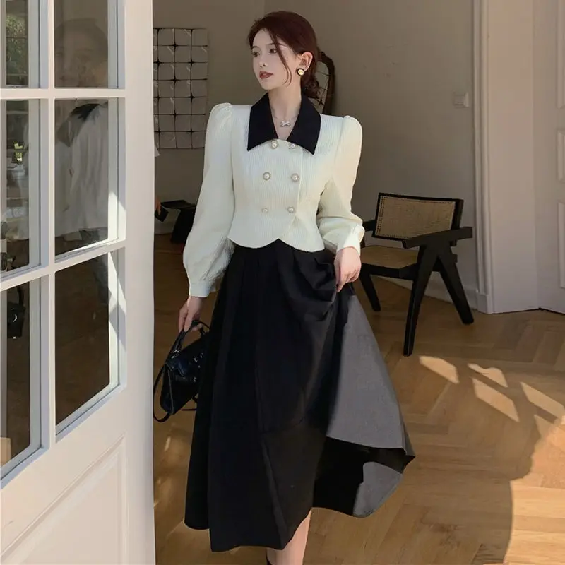 Big Swing Black Pleated Skirts Suits + Lapel Double Breasted Blazer Jacket OL Shirts Two Piece Sets Clothes Chic