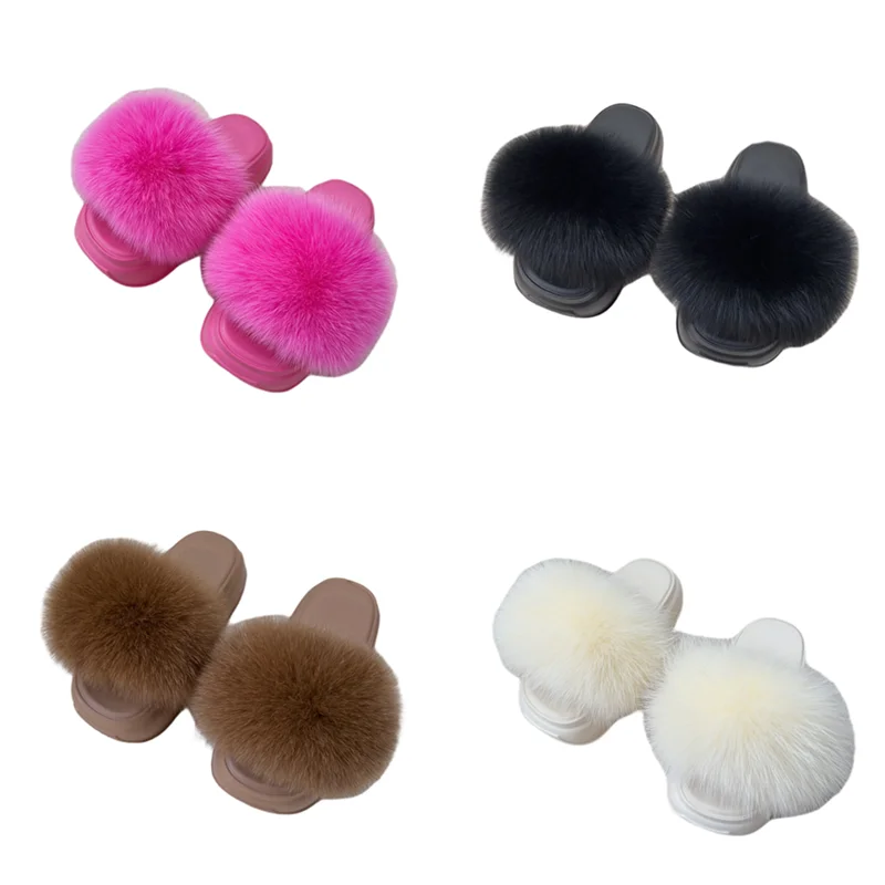 PVC Real Raccoon Fur Slides para mulheres e meninas, chinelos de pele de pelúcia marrom tamanho grande, luxo