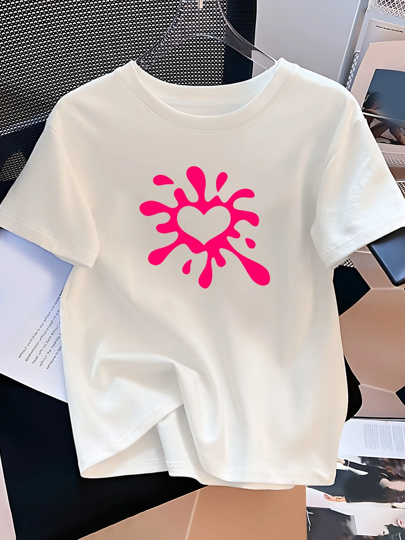 Women's Casual Elegant White Pink Splash Pattern Printed T-shirt - Round Neck Short Sleeves Suitable for Casual Wear Commuting