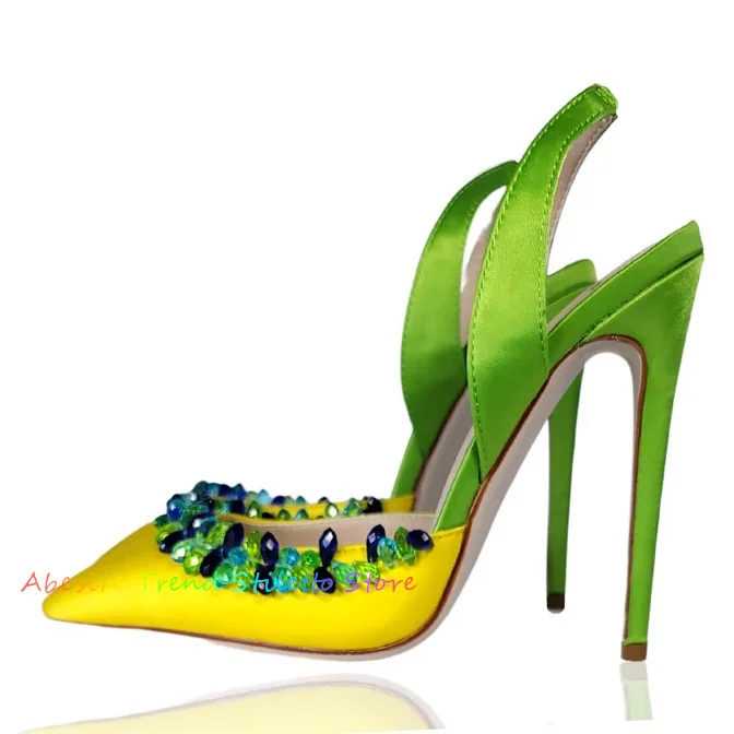 Yellow Patchwork Green Crystal High Heel Sandals Women Stain Pointy Toe Back Elastic Strap Elegent Party Dress Ladies Pumps