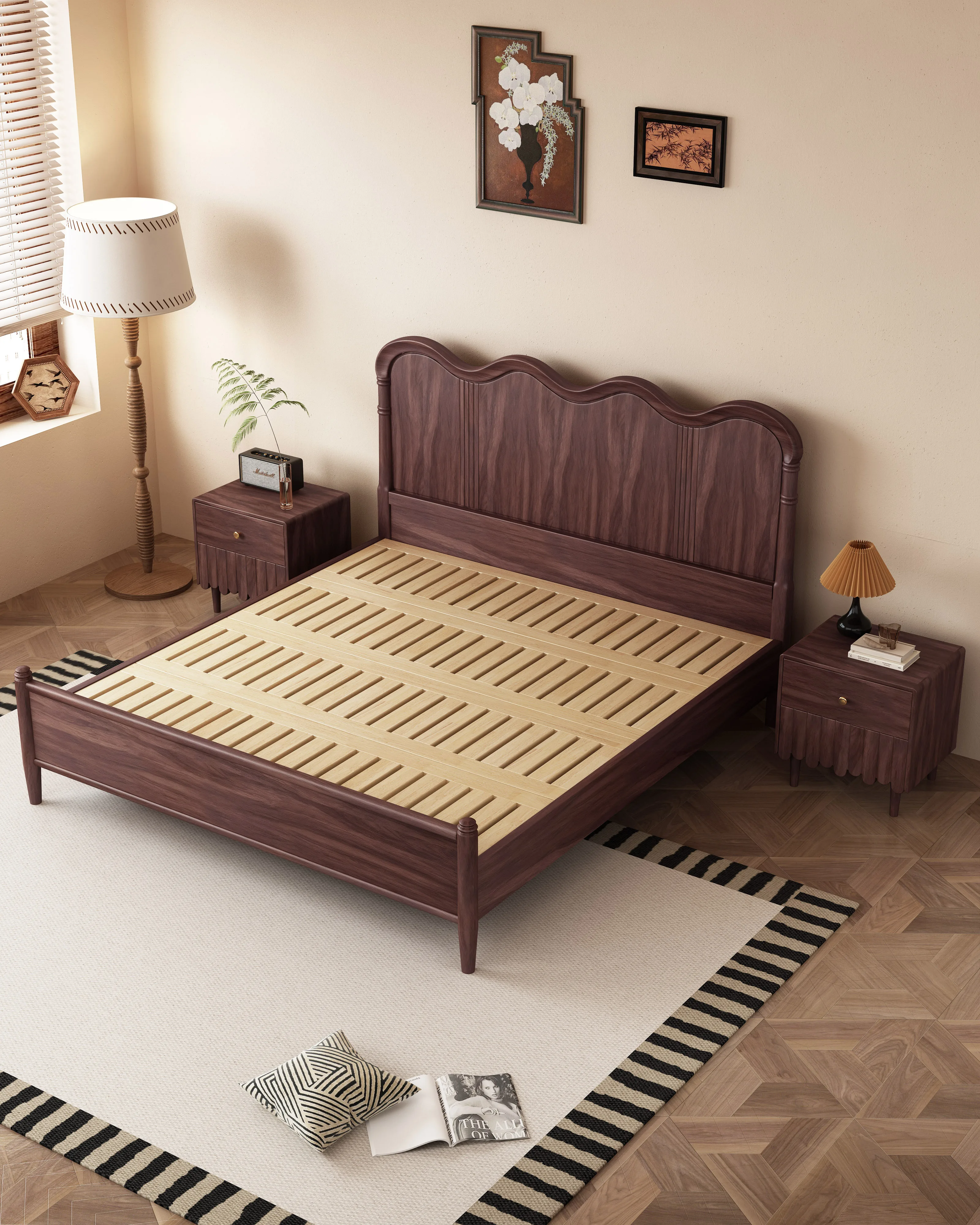 #Solid Wood Double Bed Walnut Finish Textured Scalloped Headboard Vertical Grooved French Provincial Bedroom Furniture King-size