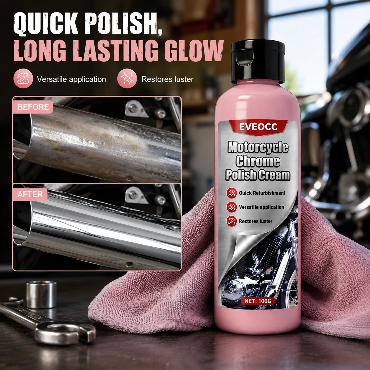 Premium Chrome Polish Cream for Motorcycle, Metal Brightening Paste Oxidation Remover Restores Gloss for Motorbike Chrome Parts