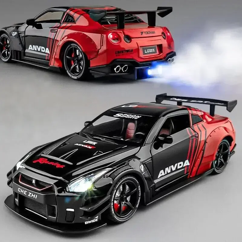

1:24 GTR GT-R R35 Модель спортивного автомобиля из сплава, литая под давлением металлическая гоночная машина, модель автомобиля, звук и свет со спреем, детская игрушка в подарок