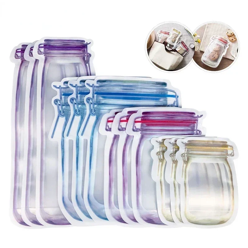 10pc Reusable Mason Jar Bottles Bags Nuts Candy Cookies Bag Waterproof Seal Fresh Food Storage Bag Snacks Sandwich Zip Lock Bags