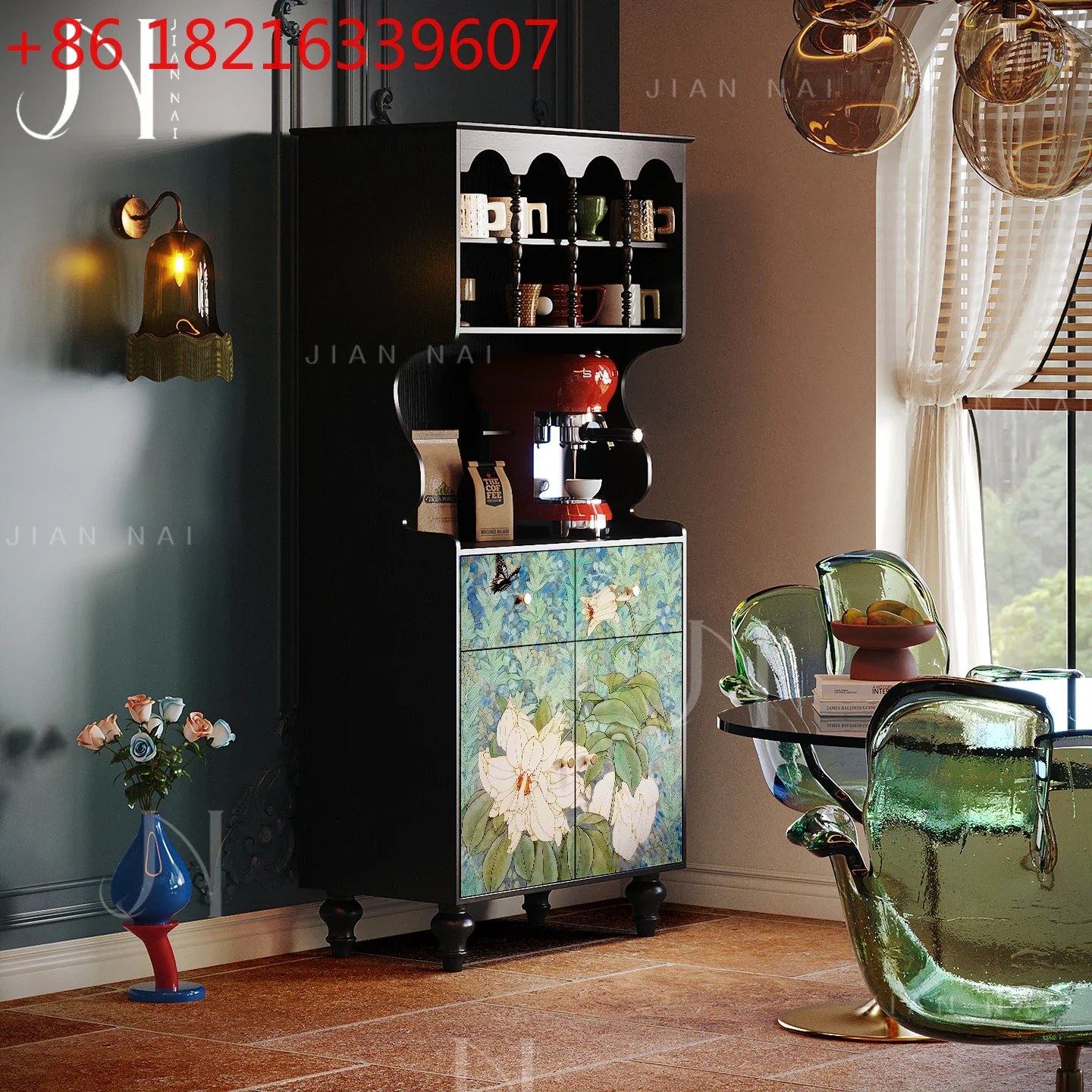 TAOFrench antique butterfly lotus solid wood dining room against the wall coffee cabinet storage