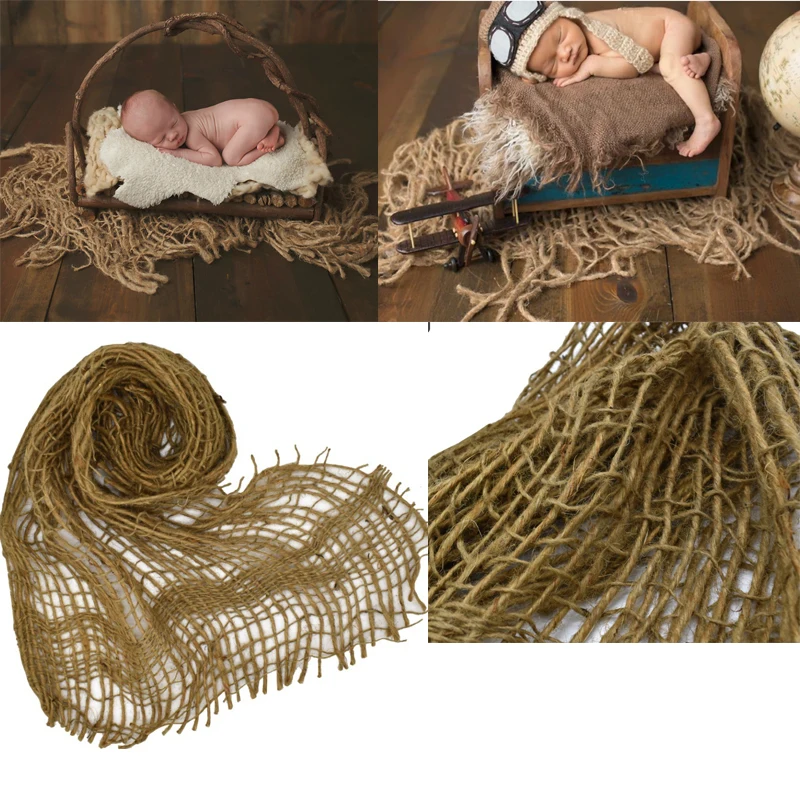 Newborn Photography Backdrop - Textured Chunky Burlap & Net Layered Blanket, Rustic Hessian Jute for Baby Photo Studio Props