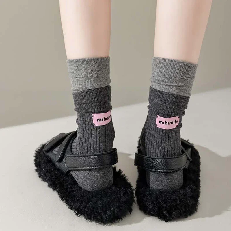 Fashion Women Retro Korean Pink Label English Letter Striped Cotton Socks Soft Mid-tube Non-slip Outdoor Running Sport Sox