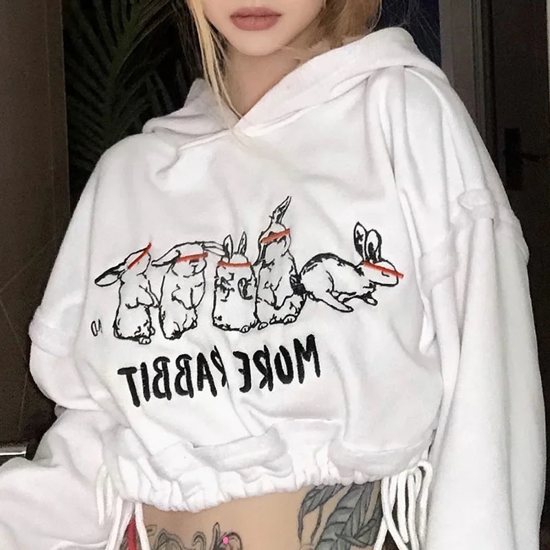 Women 2023 Cropped Hooded Hoodies Lovely Rabbits Print Embroidery Thick Fleece Waist Drawstring Sweatshirt Harajuku Pullovers
