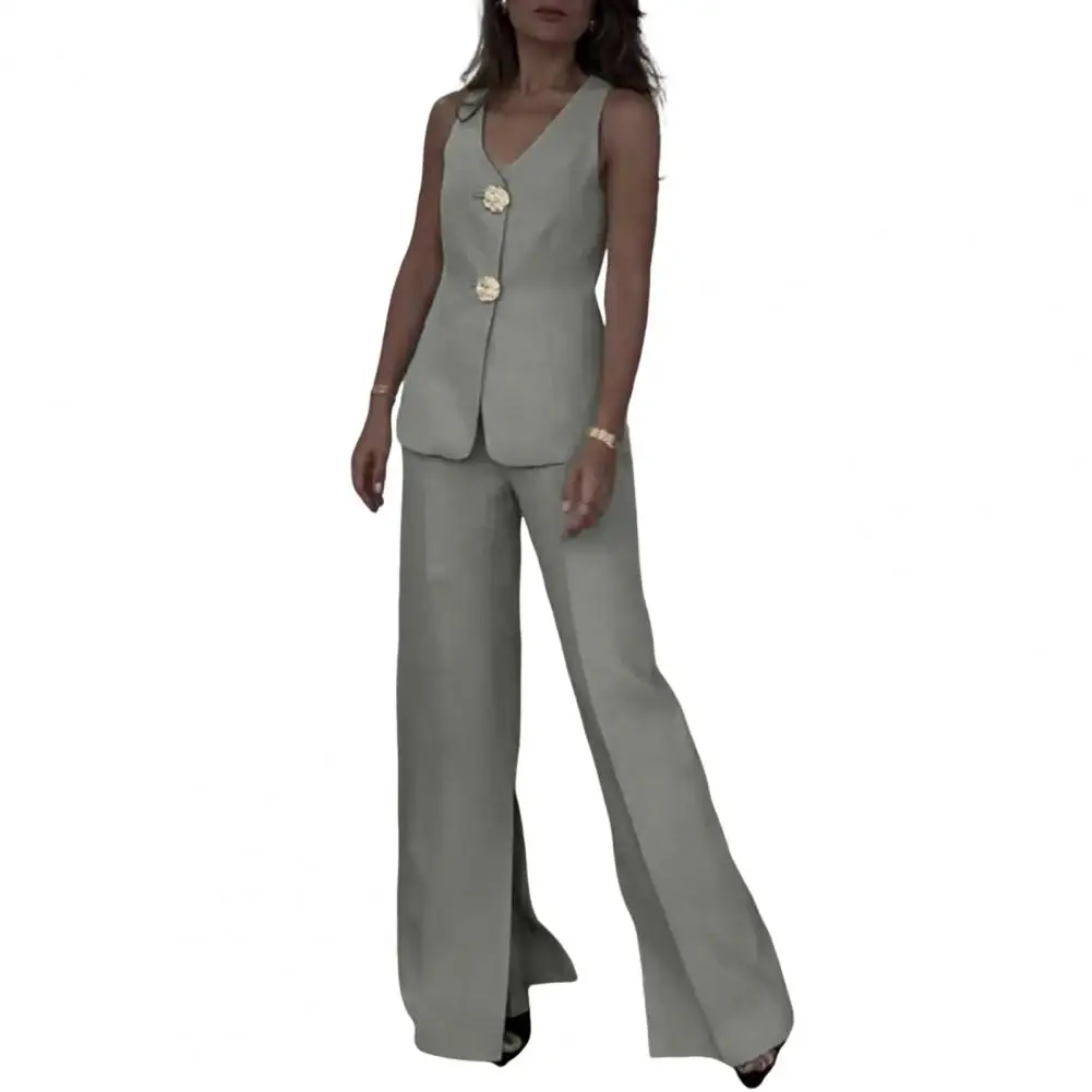 Comfortable Polyester Suit Chic Women's V-neck Sleeveless Top Wide Leg Pants Two-piece Set for Work Play Women Polyester Suit