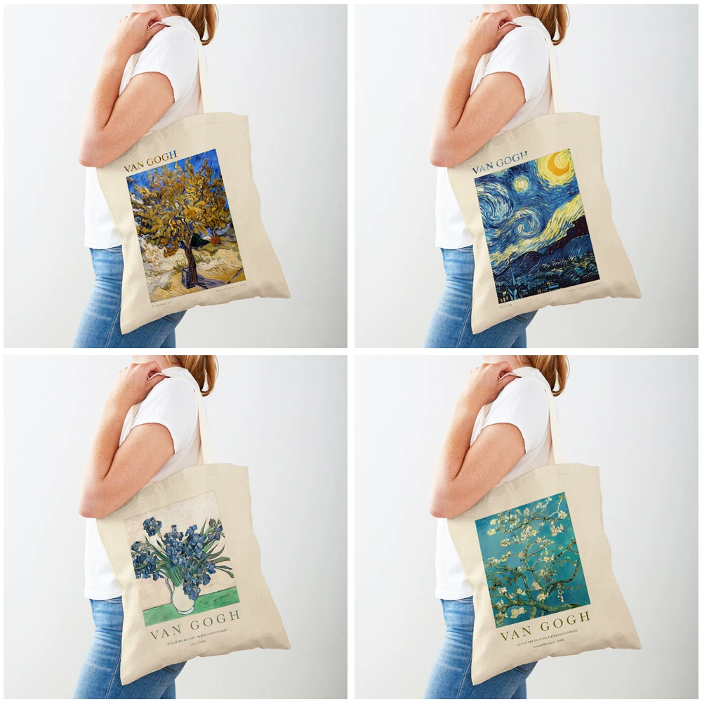 Sac à provisions Van Gogh Starry Night pour femme, fleur d'amandier, Iris, sac à soupe géométrique des deux côtés, sacs fourre-tout décontractés, sacs à main pour femme