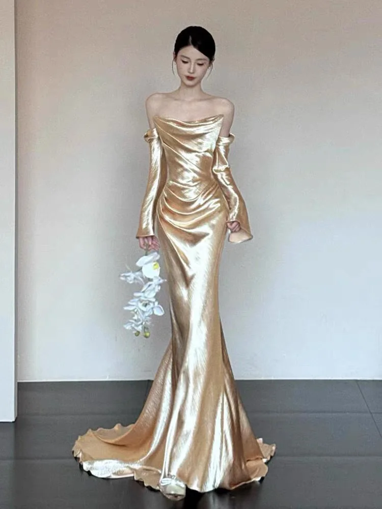 Ele Avondjurk met één schouder, trouwjurk met sleep voor verloving en ochtendhots, aanpasbaar lang Sve Floor L...