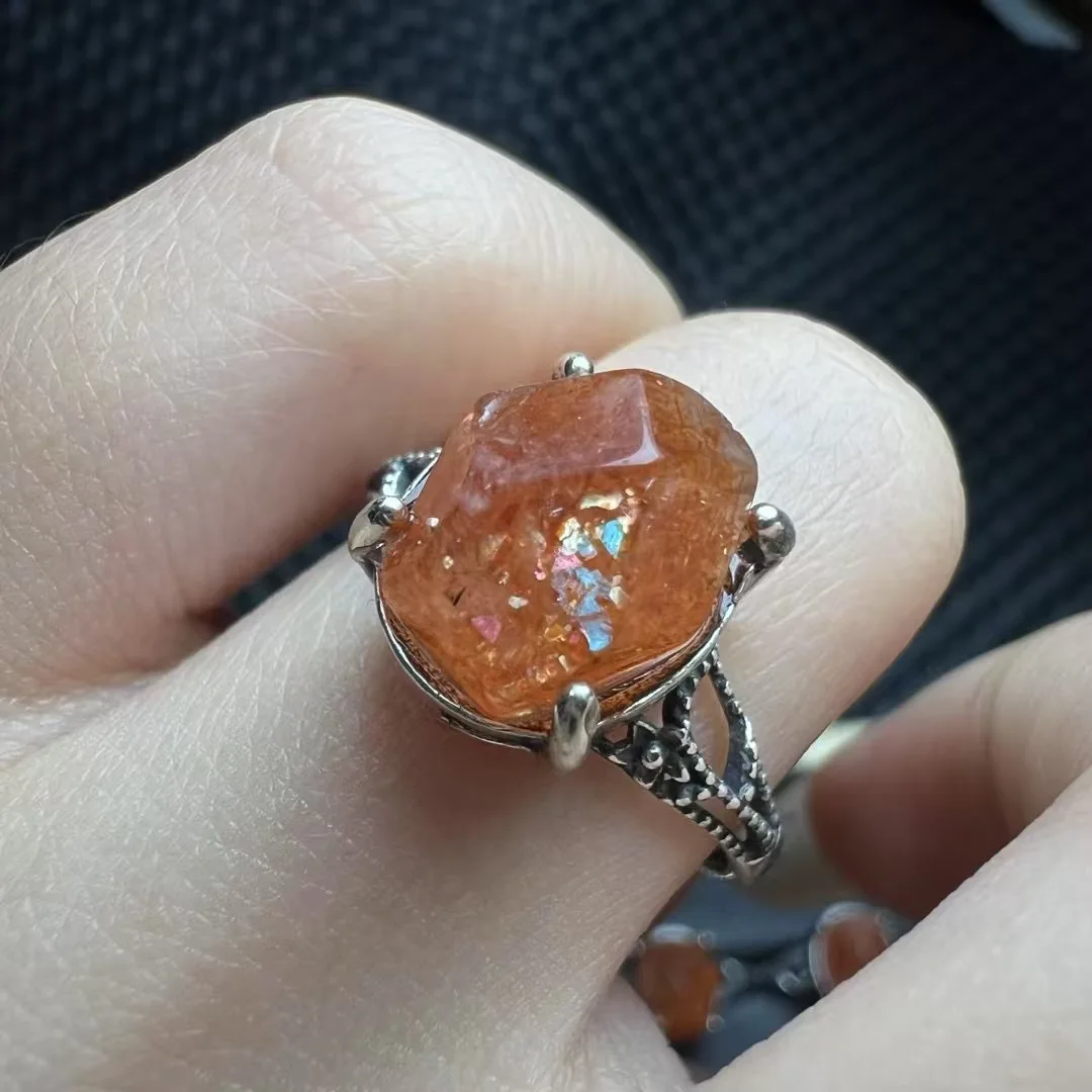 1 Pc Fengbaowu Natural Gold Sunstone Ring Irregular 925 Sterling Silver Resizable Reiki Healing Stone Jewelry Gift For Women