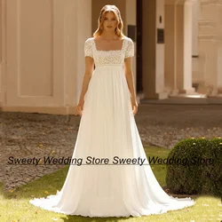 Jiayigong Beach Wedding Dress for Pregnant Bride Short Lace Sleeves Square Neck Chiffon A Line Empire Bridal Gowns