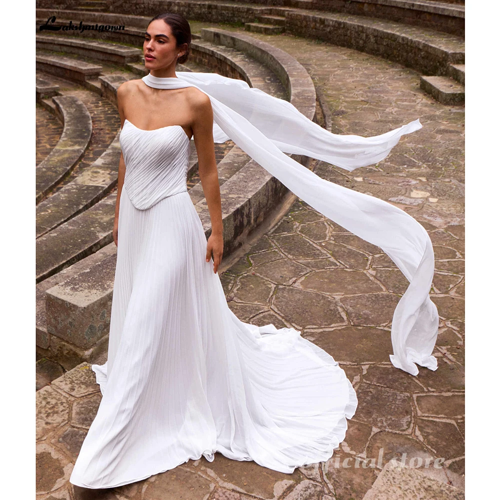 Lakshmigown Plissiertes Hochzeitskleid, trägerlos, A-Linie, mit Schal, Brautkleid für Damen, Schleppe, Ballkleid, Brautkleid, maßgeschneidert – Detail 5
