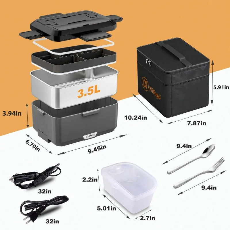 Dual‑Use Electric Heated Lunch Box, 12V Car & Home Plug‑in Food Warmer, 304 Stainless‑Steel Portable Heating Bento Box with Insulated Bag, Fast Heating Food Container for Office, Car, Travel view 2