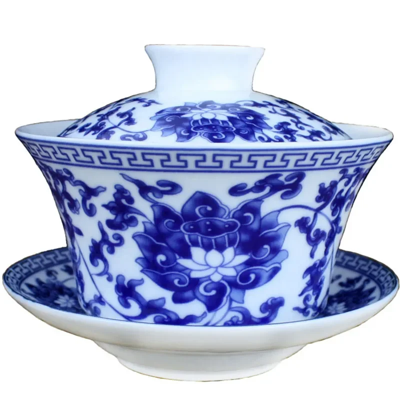 Jingdezhen-blue and white ceramic bowl, large gaiwan, eight treasure tea bowl, household cover