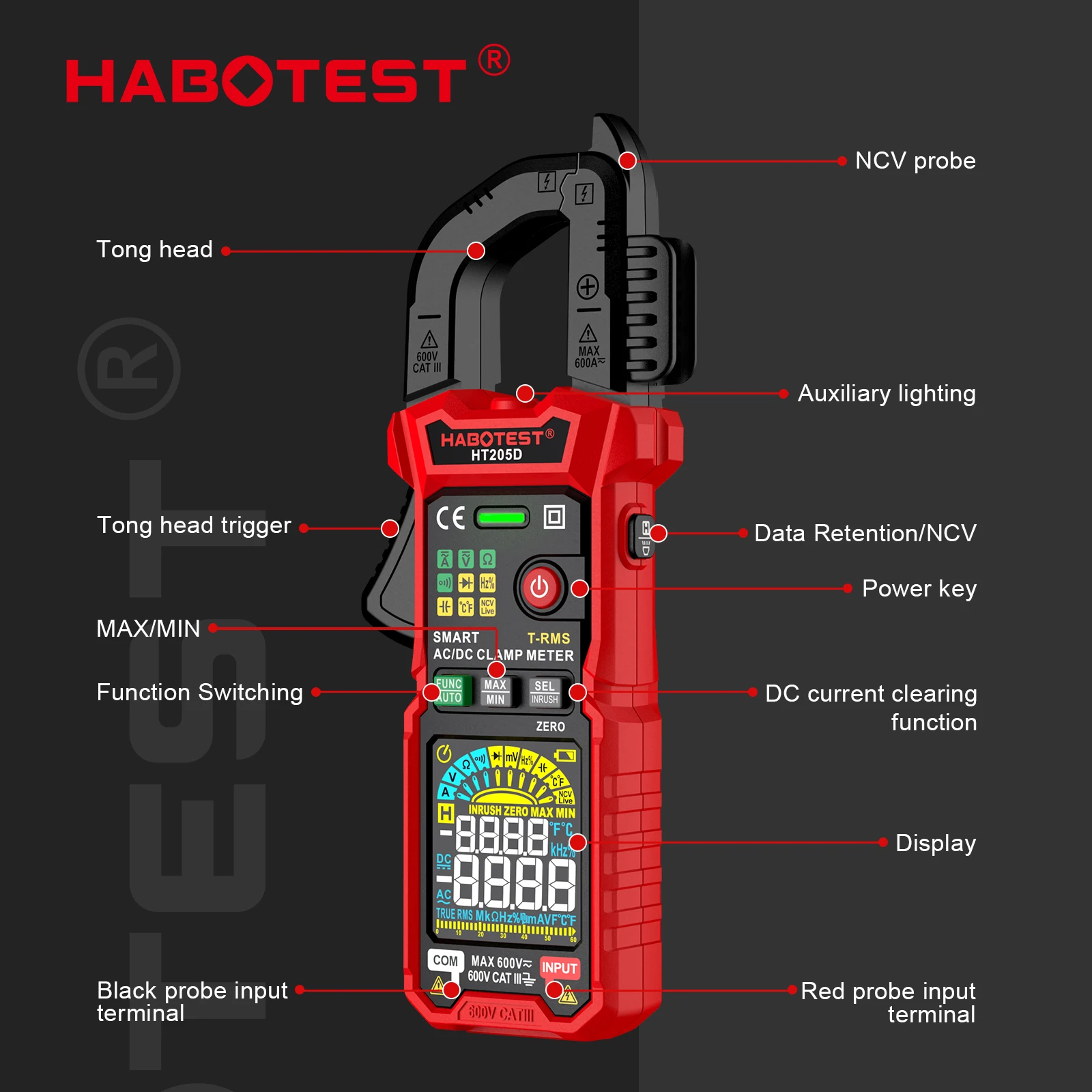 HABOTEST HT205 Clamp Meter 600A True RMS AC/DC Current Amp Meter Measures Current Voltage Temperature Capacitance Ohm Tester